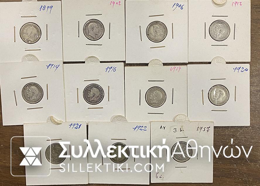 GR. BRITAIN 11 Different Silver Coins OF 3 Pence VF to AU